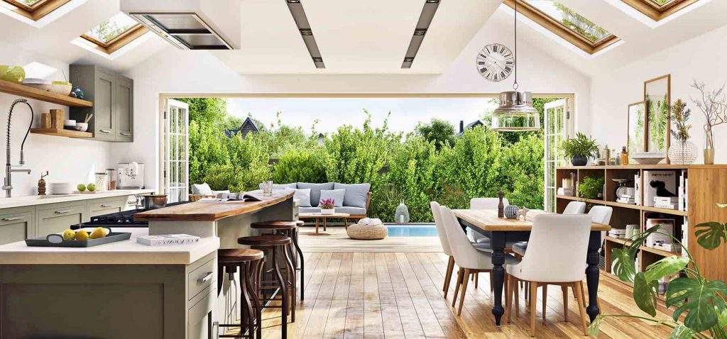 modern kitchen with large patio door